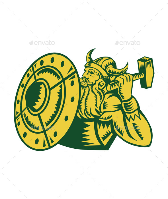 Viking Warrior Hammer Shield Woodcut - People Characters