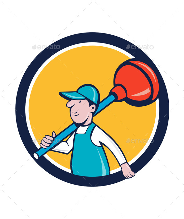 Plumber Carrying Plunger Walking Circle Cartoon - People Characters