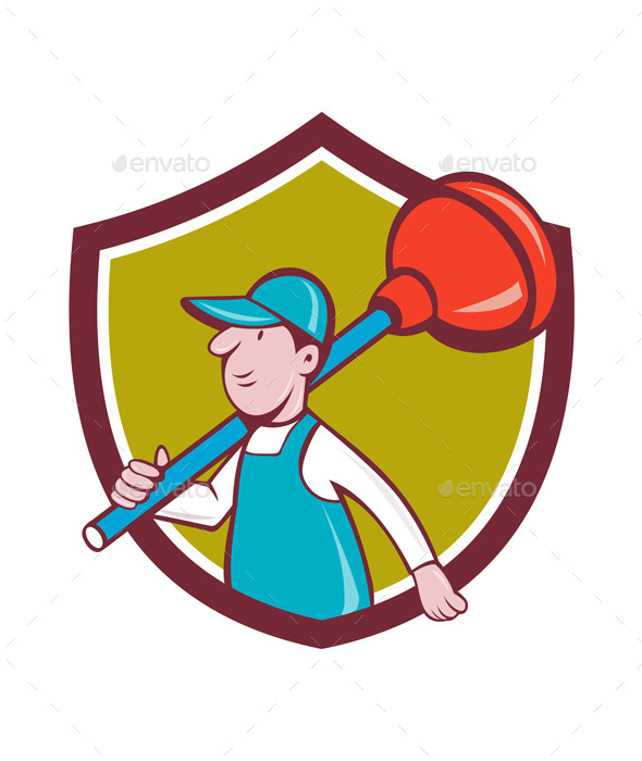Plumber Carrying Plunger Walking Shield Cartoon - People Characters