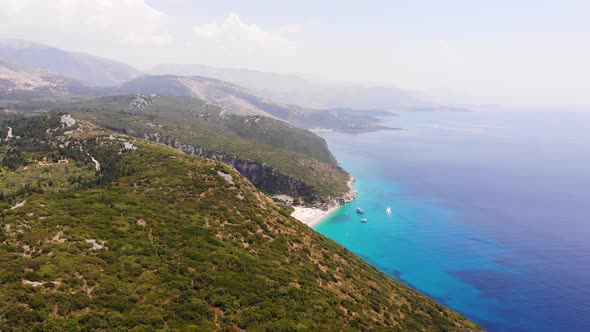 Aerial Drone View of Gjipe Beach and Canyon Dhermi Albania Hidden Paraside with Boats Tourists