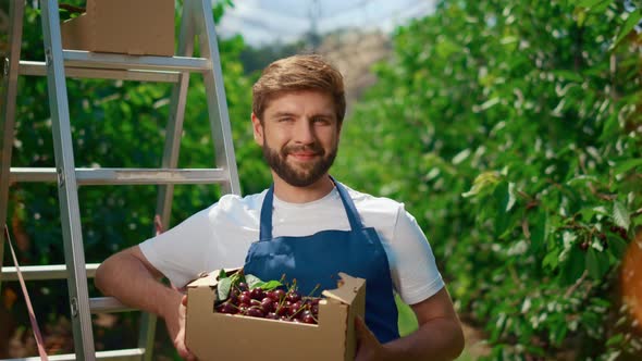 Gardener Holding Fresh Organic Berry Box in Big Summer Garden alt