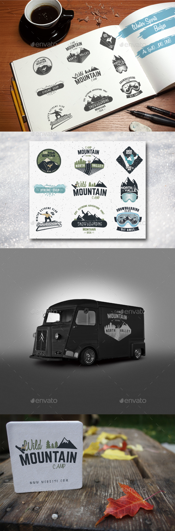 Winter Sports & Camping Badges Set - Badges & Stickers Web Elements
