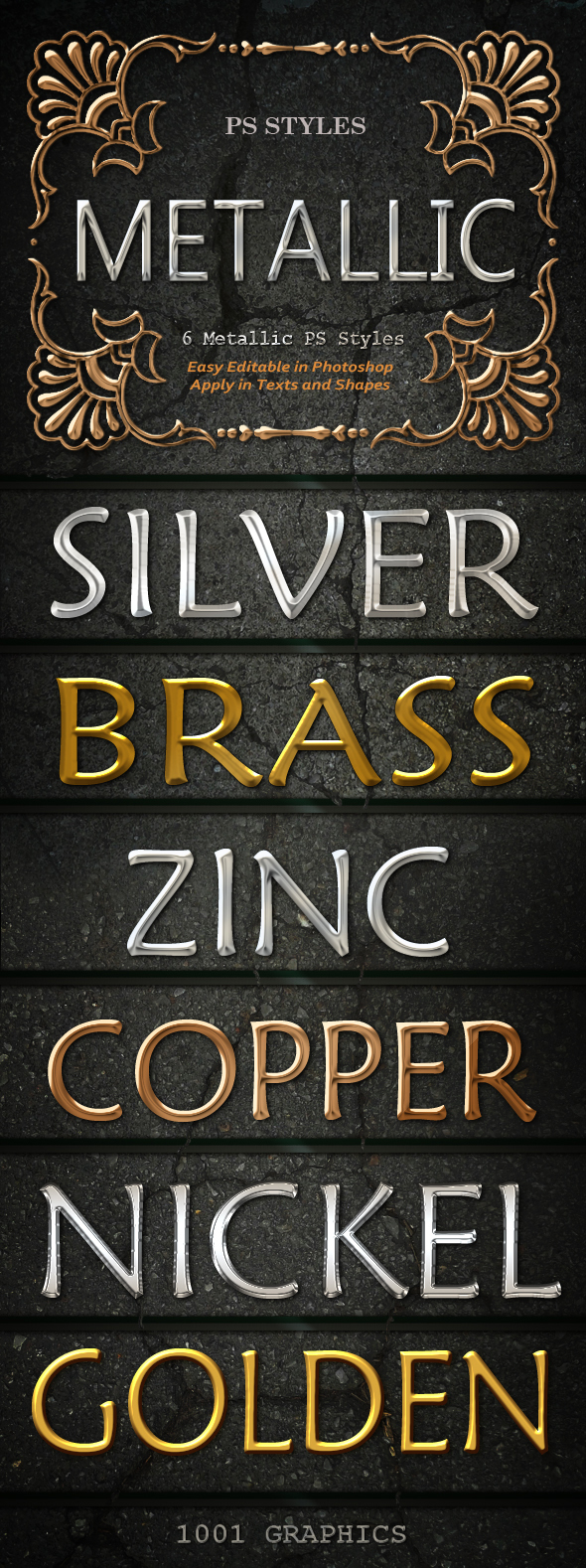 6 Metallic Text & Shapes Effects Styles ASL - Text Effects Actions