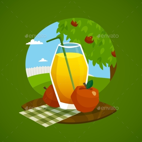 Glass of Juice with Rural Landscape Background