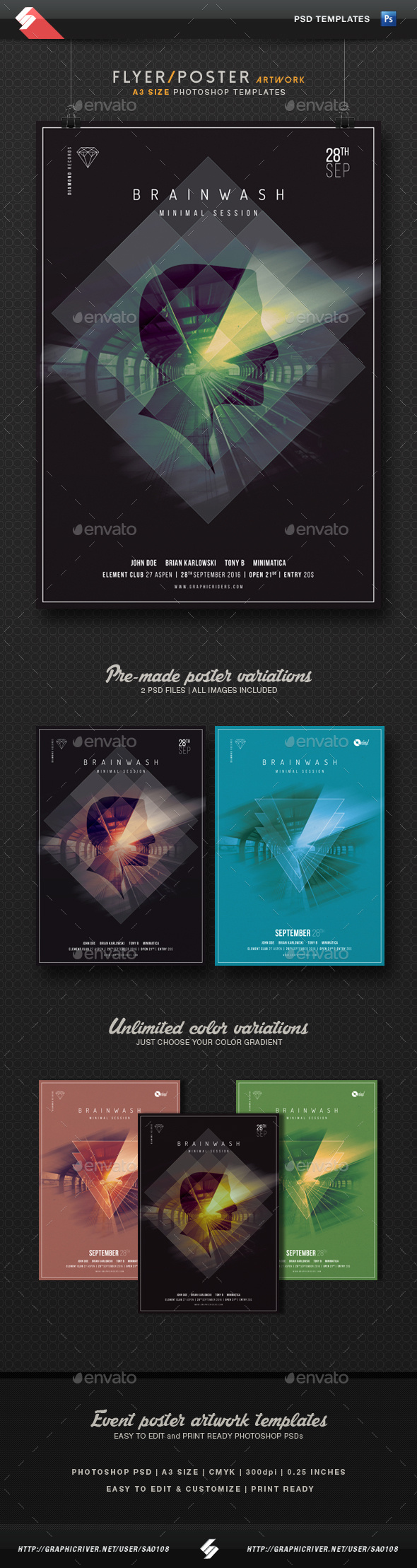 Brainwash - Minimal Party Flyer Templates A3 - Clubs & Parties Events