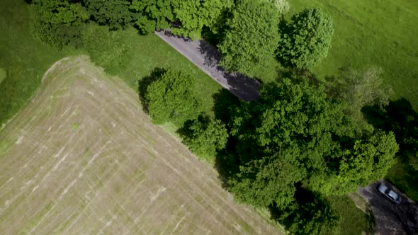 Aerial Top Down Tilt View of Countryside Paved Road and Narrow Trail Rural Path intersection Surroun alt
