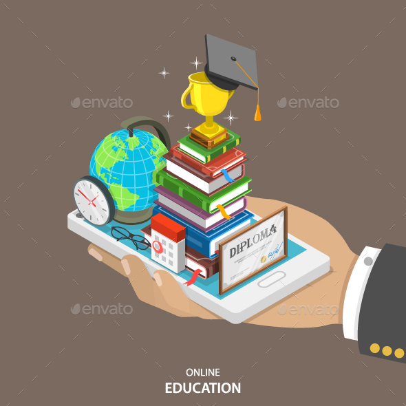 Online Education Isometric Flat Vector Concept. - Computers Technology