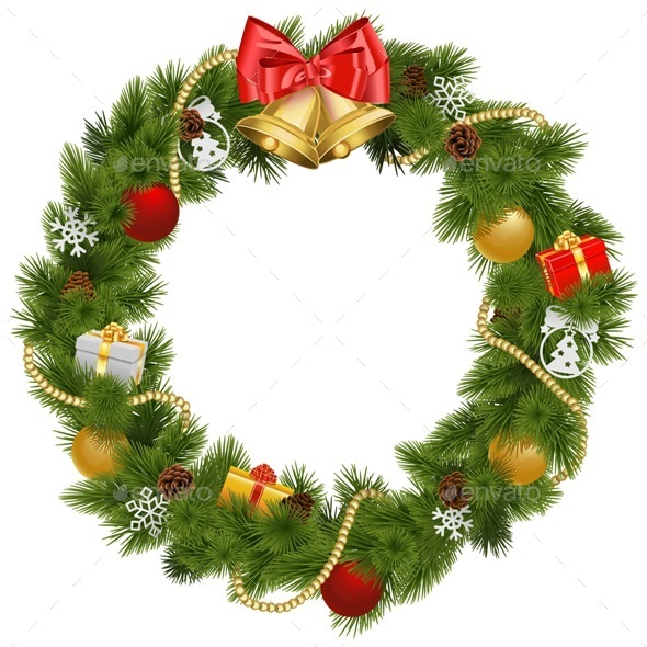 Vector Christmas Wreath with Golden Bells - Christmas Seasons/Holidays