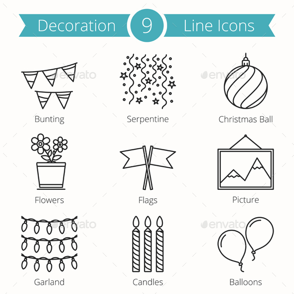 9 Decoration Objects Line Icons - Man-made objects Objects