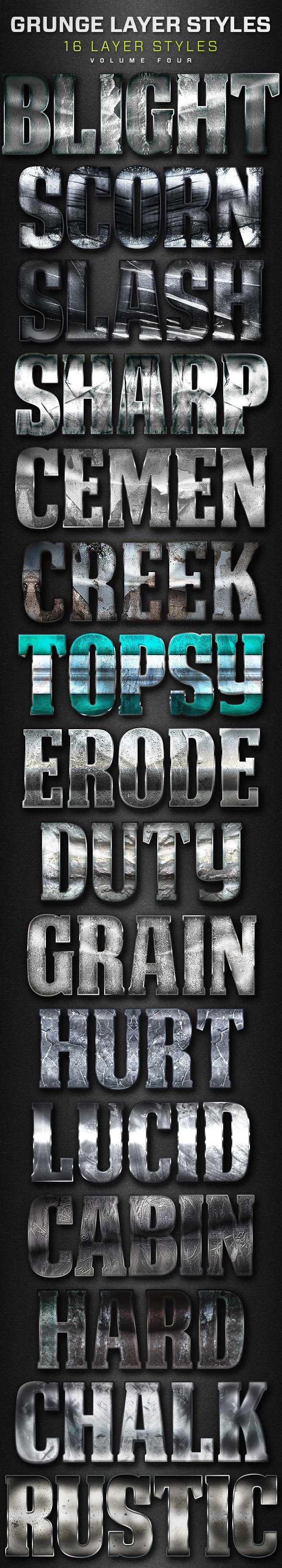 16 Grunge Layer Styles Volume 4 - Text Effects Styles