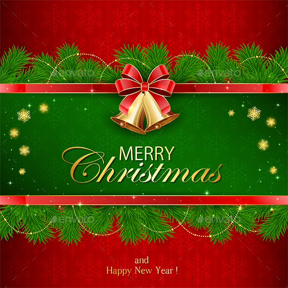 Red Background with Fir Tree Branches - Christmas Seasons/Holidays