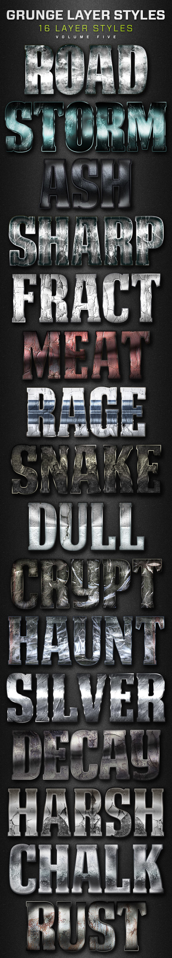 16 Grunge Layer Styles Volume 5 - Text Effects Styles
