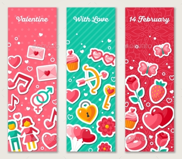 Valentines Vertical Banners Set With Flat Icons - Valentines Seasons/Holidays