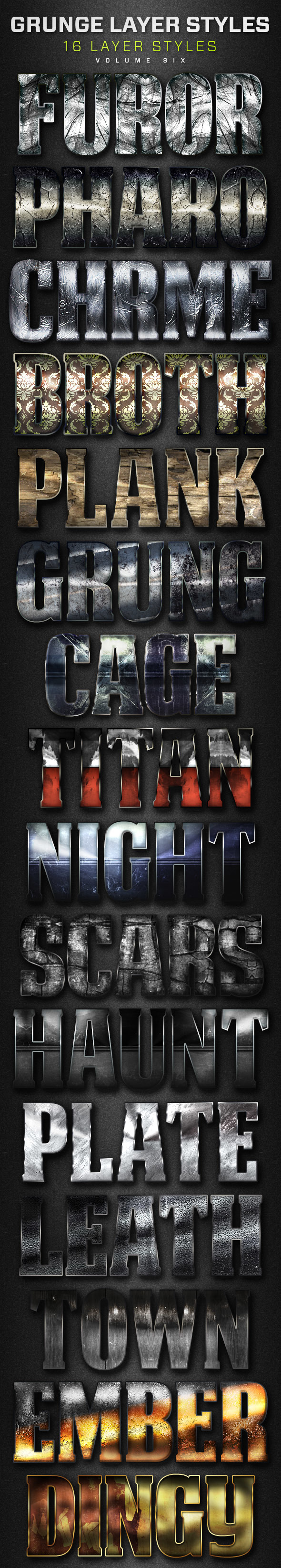 16 Grunge Layer Styles Volume 6 - Text Effects Styles