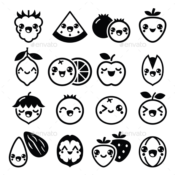 Kawaii Fruit and Nuts Cute Characters Design - Food Objects