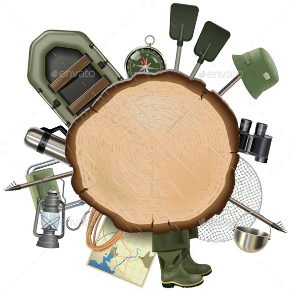 Vector Fishing Tackle with Wooden Board - Sports/Activity Conceptual
