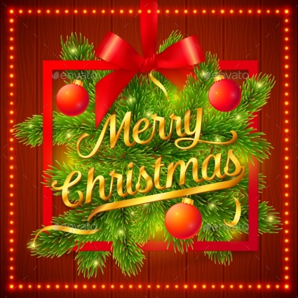 Frame With Green Fir Tree Branches, Red Silky - Christmas Seasons/Holidays