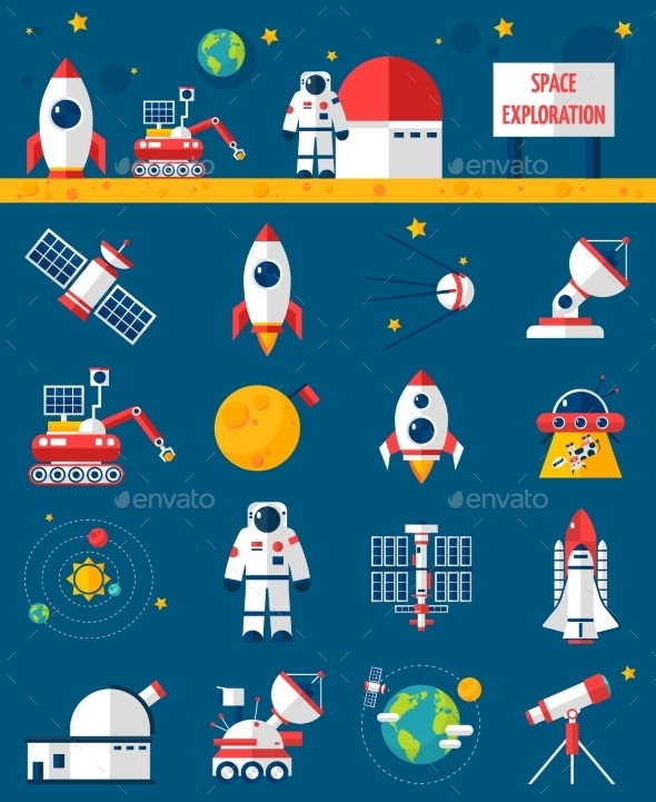 Space Cosmos Exploration Flat Icons Set