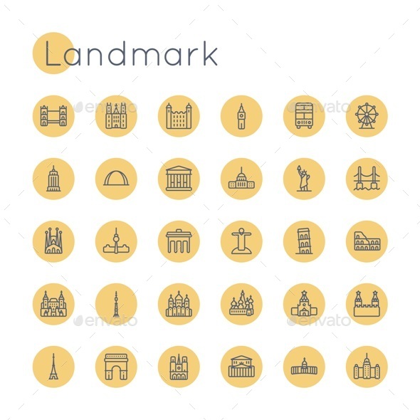 Vector Round Landmark Icons - Buildings Objects