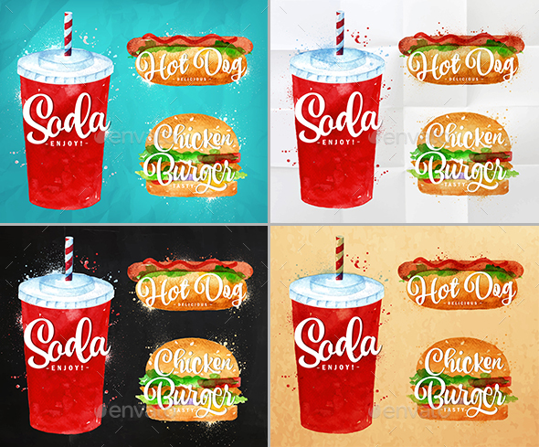 Watercolor Fast Food Elements - Food Objects