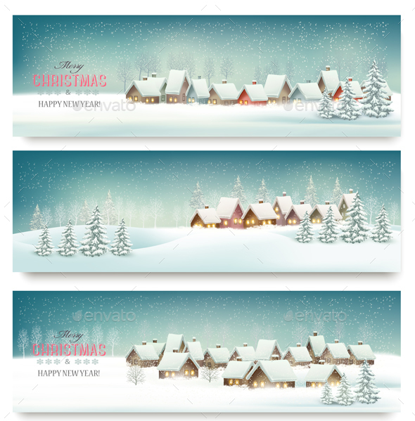 Holiday Christmas Banners With Villages. Vector. - Christmas Seasons/Holidays