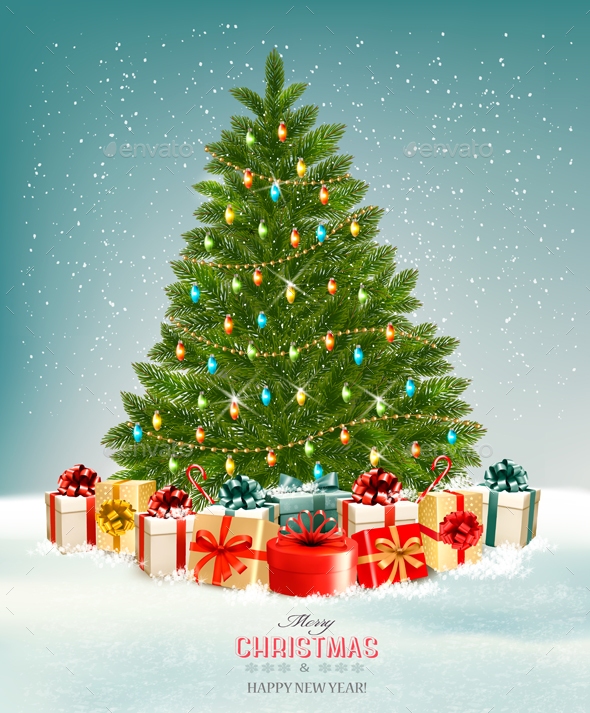 Holiday Christmas Background With Presents And Tree - Christmas Seasons/Holidays