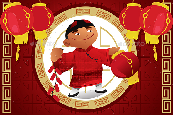 Boy Holding Lantern Celebrating Chinese New Year - New Year Seasons/Holidays