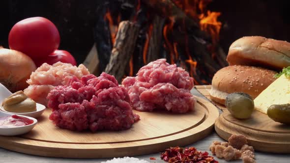 Various Kinds of Minced Meat on the Board on the Background of an Open Fire alt