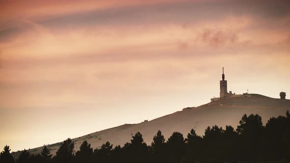 Summit of Mont Ventoux at sunset, France. Timelapse alt