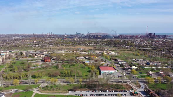 Steel plant pollutes the environment. Industrial city