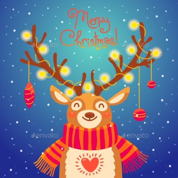 Christmas Card Cute Cartoon Deer With Garlands - Christmas Seasons/Holidays