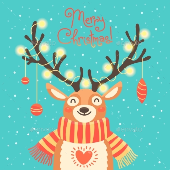 Christmas Card Cute Cartoon Deer With Garlands - Christmas Seasons/Holidays