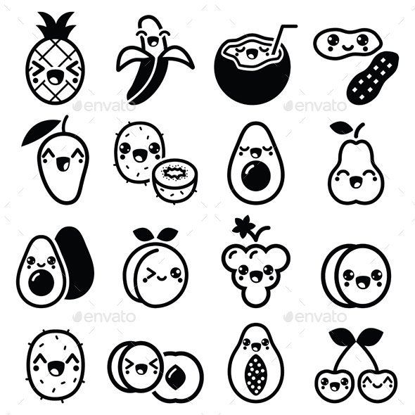 Kawaii Fruit and Nuts Characters Icons Set - Food Objects