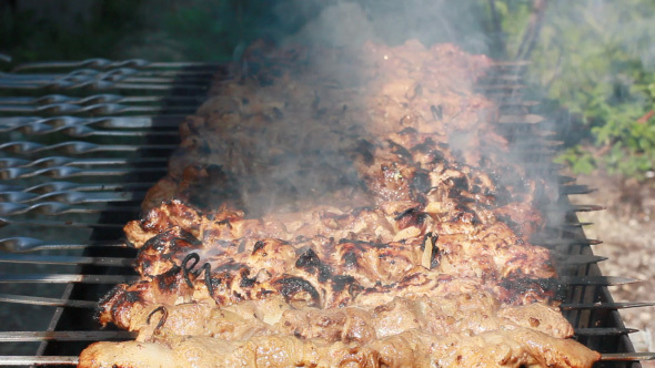 Cooking Kebab From Grilled Pork On Fire