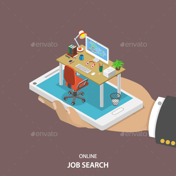 Online Job Searching Isometric Flat Vector - Concepts Business