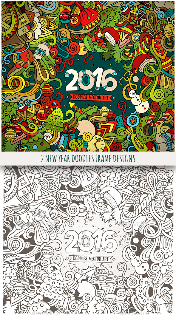 2 New Year Doodles Frames - New Year Seasons/Holidays