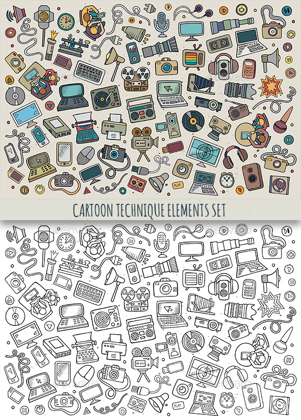 Doodles Technical Objects Set - Computers Technology