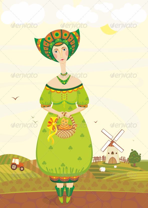 Girl Cat Basket Mill Fields - People Characters