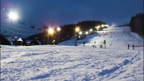 Night Skiing At The Ski Slopes. , Stock Footage | VideoHive