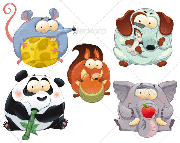 Group of funny animals with food. - Animals Characters