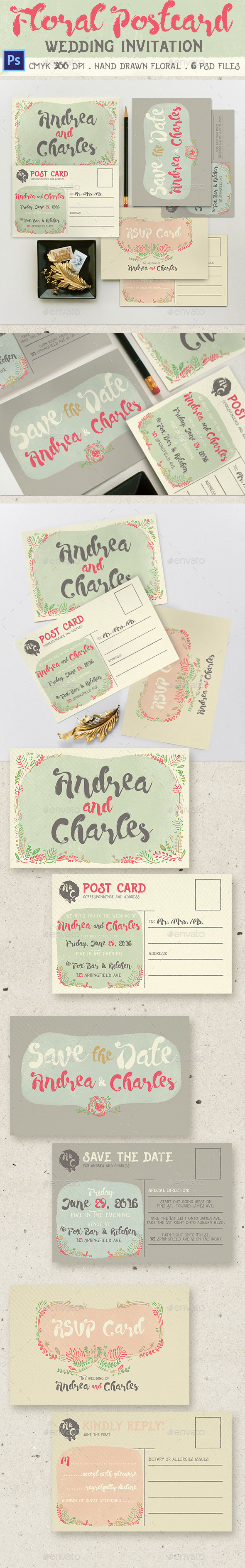 Floral Postcard Wedding Invitation