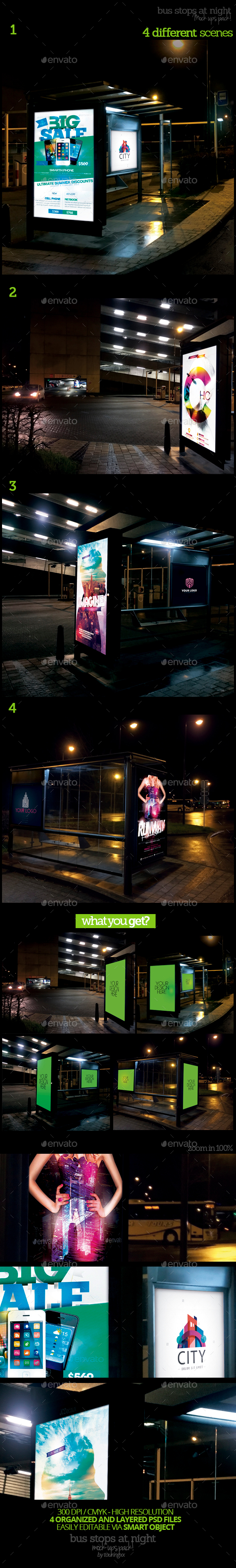 Bus Stops At Night Mock-Ups Pack - Product Mock-Ups Graphics