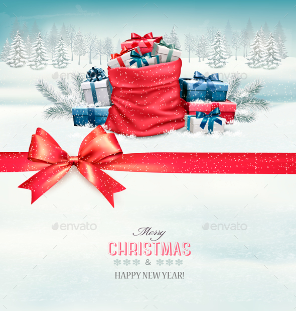 Merry Christmas Card with a Ribbon and Gift Boxes - Christmas Seasons/Holidays