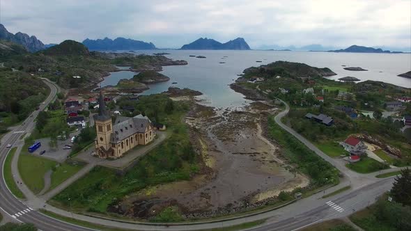 Aerial view of Lofoten cathedral in Norway