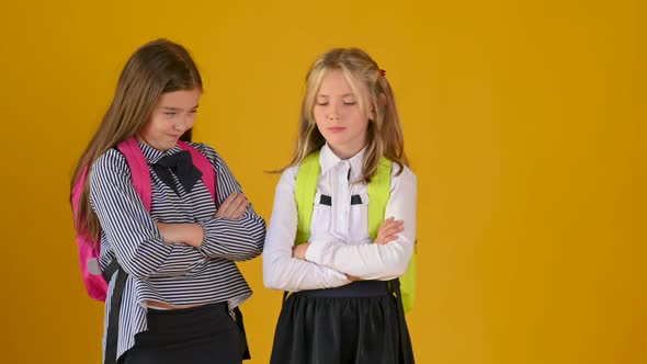 Two schoolgirls in school uniforms with backpacks are offended