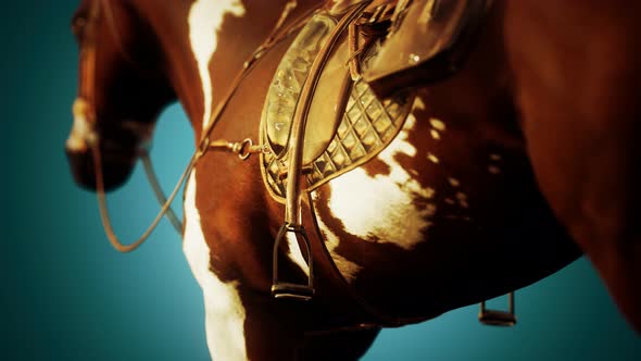 Saddle with Stirrups on a Back of a Horse