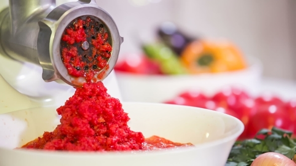 Preparing Of Raw Vegetables In Minced Machine