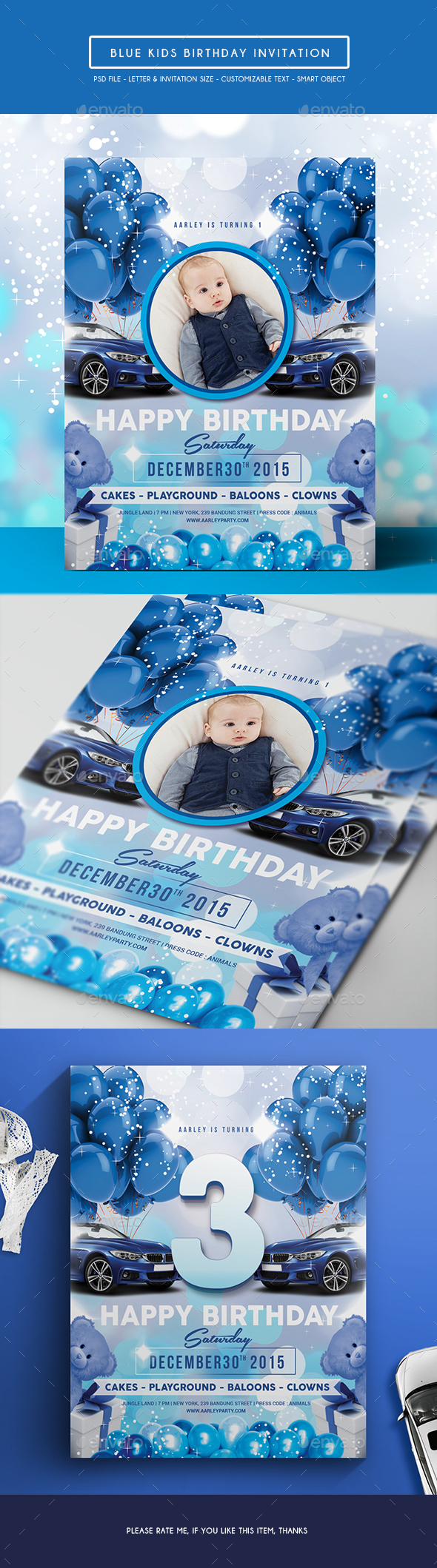 Blue Kids Birthday Invitation - Birthday Greeting Cards