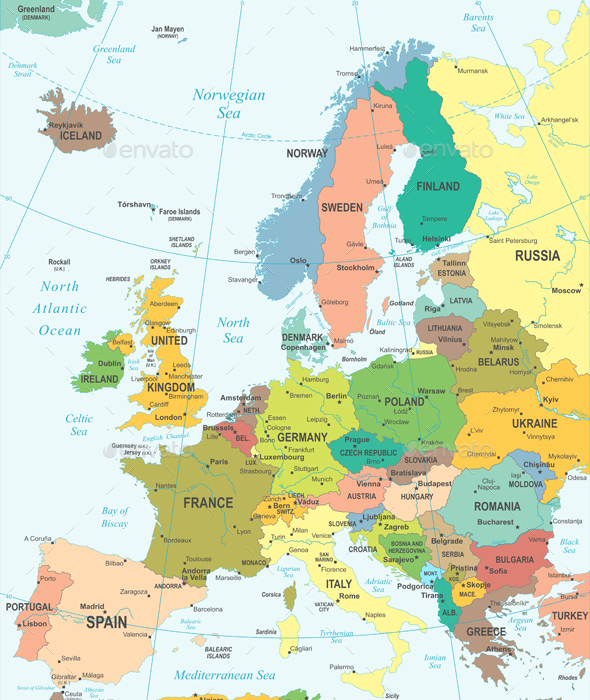 Europe Map - Colored And Grid Illustration. By Dikobrazik 