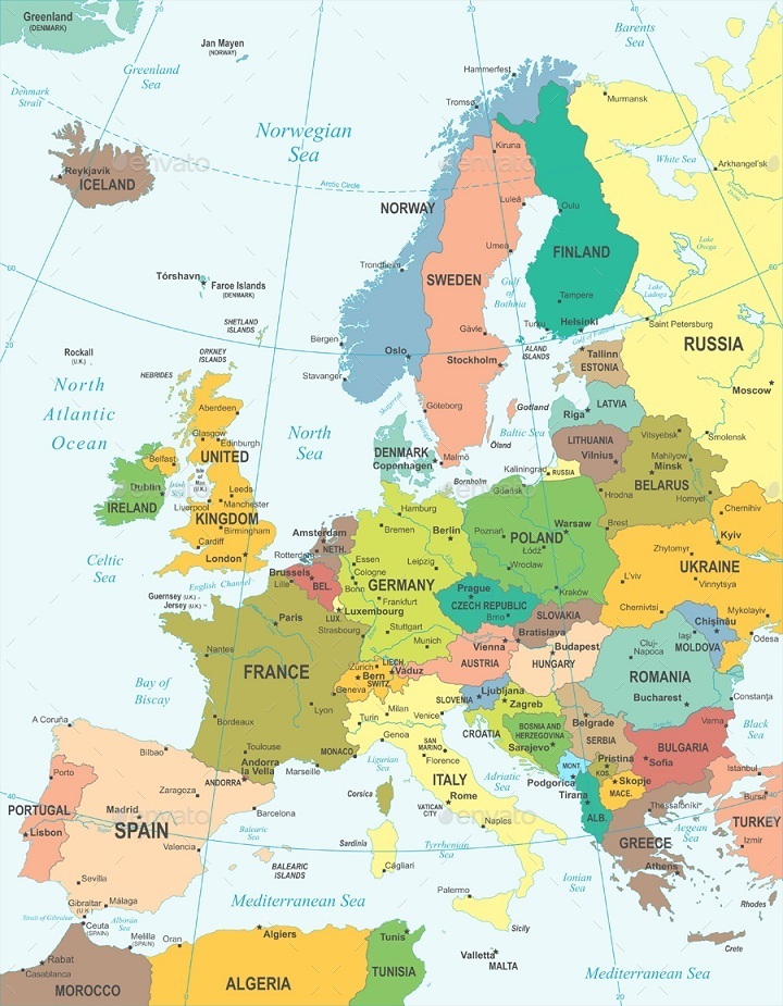 Europe Map - Colored and Grid Illustration., Vectors | GraphicRiver